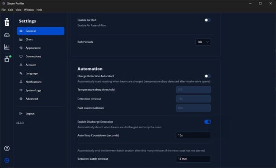 Automation settings: Charge Detection Auto-Start is off and Enable Discharge Detection is on, with a 15-second countdown.