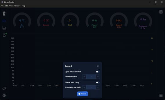 Record menu: Open Intake on start and Enable Start Delay are off for a manual recording.