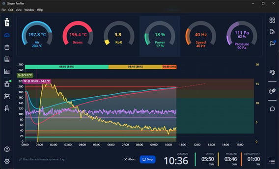 Profiler dashboard during an example recording, showing roast curves and controls.