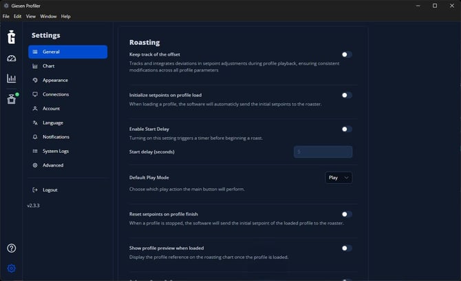 Profiler roasting settings with profile initialization, reset and start delay off.