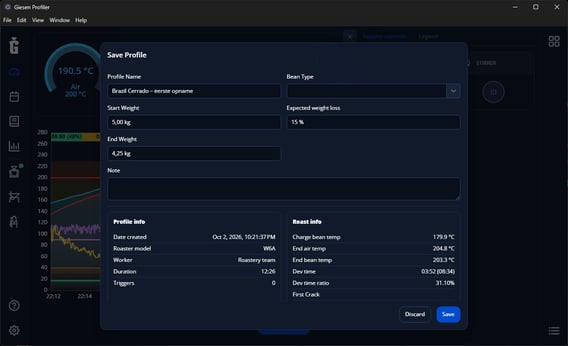 Save Profile dialog after recording, with roasted bean weight and profile details.
