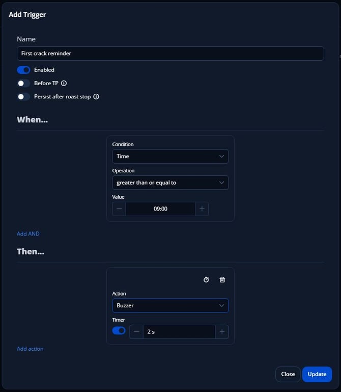 Complete First crack reminder trigger dialog showing Enabled, Before TP, Persist, Time 09:00 and Buzzer Timer 2 seconds.