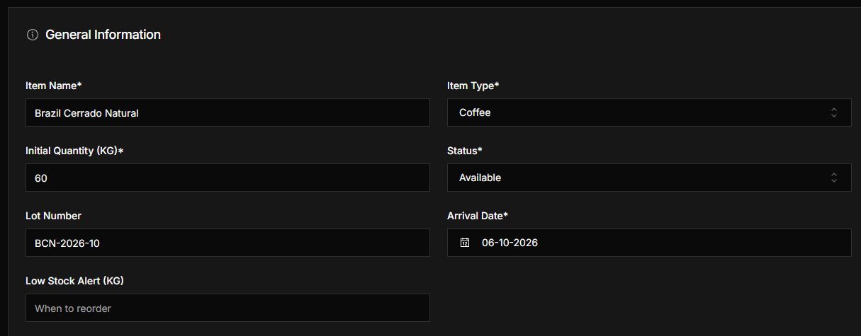 GiesenCloud inventory form with Brazil Cerrado Natural and 60 kg initial green coffee stock