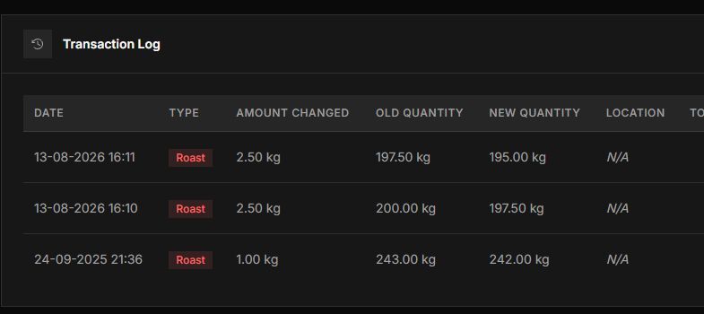 GiesenCloud transaction log showing roast deductions and remaining green coffee stock