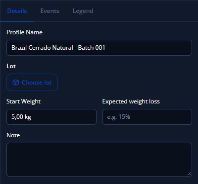 Profiler Details showing Choose lot and a 5 kg batch start weight