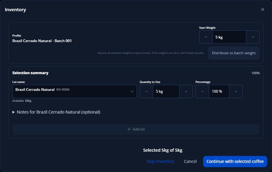 Profiler inventory selector showing 60 kg available and 5 kg selected for the batch