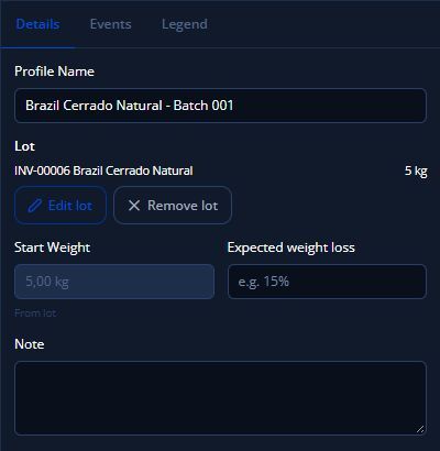 Profiler Details with INV-00006, a 5 kg selected quantity and Start Weight From lot