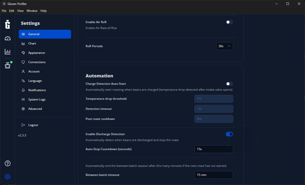 Automation settings: Charge Detection Auto-Start is off and Enable Discharge Detection is on, with a 15-second countdown.