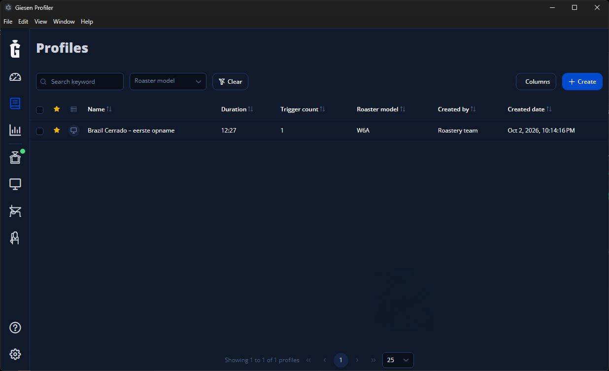 Profiles list showing a saved example roast profile.