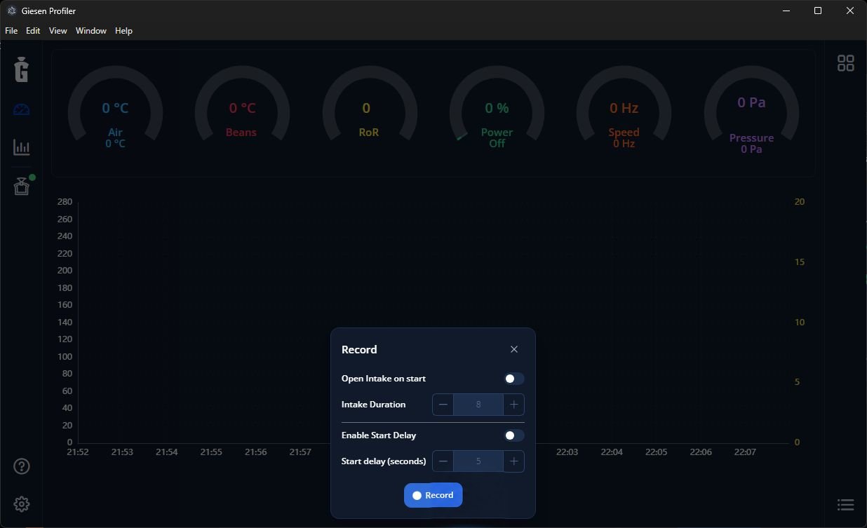 Record menu: Open Intake on start and Enable Start Delay are off for a manual recording.