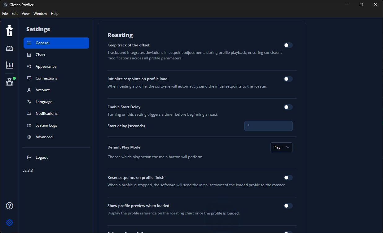 Roasting settings: Initialize setpoints on profile load and Reset setpoints on profile finish are off.