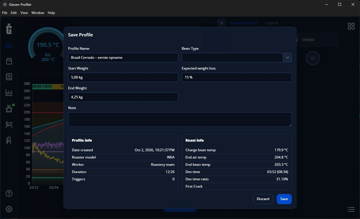 Save Profile dialog after recording, with roasted bean weight and profile details.