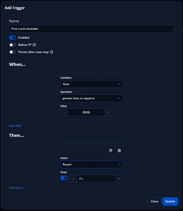 Complete First crack reminder trigger dialog showing Enabled, Before TP, Persist, Time 09:00 and Buzzer Timer 2 seconds.